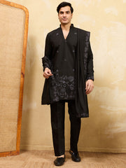 Awesome Black Sequins Viscose Silk Reception Wear Men's Kurta With Dupatta