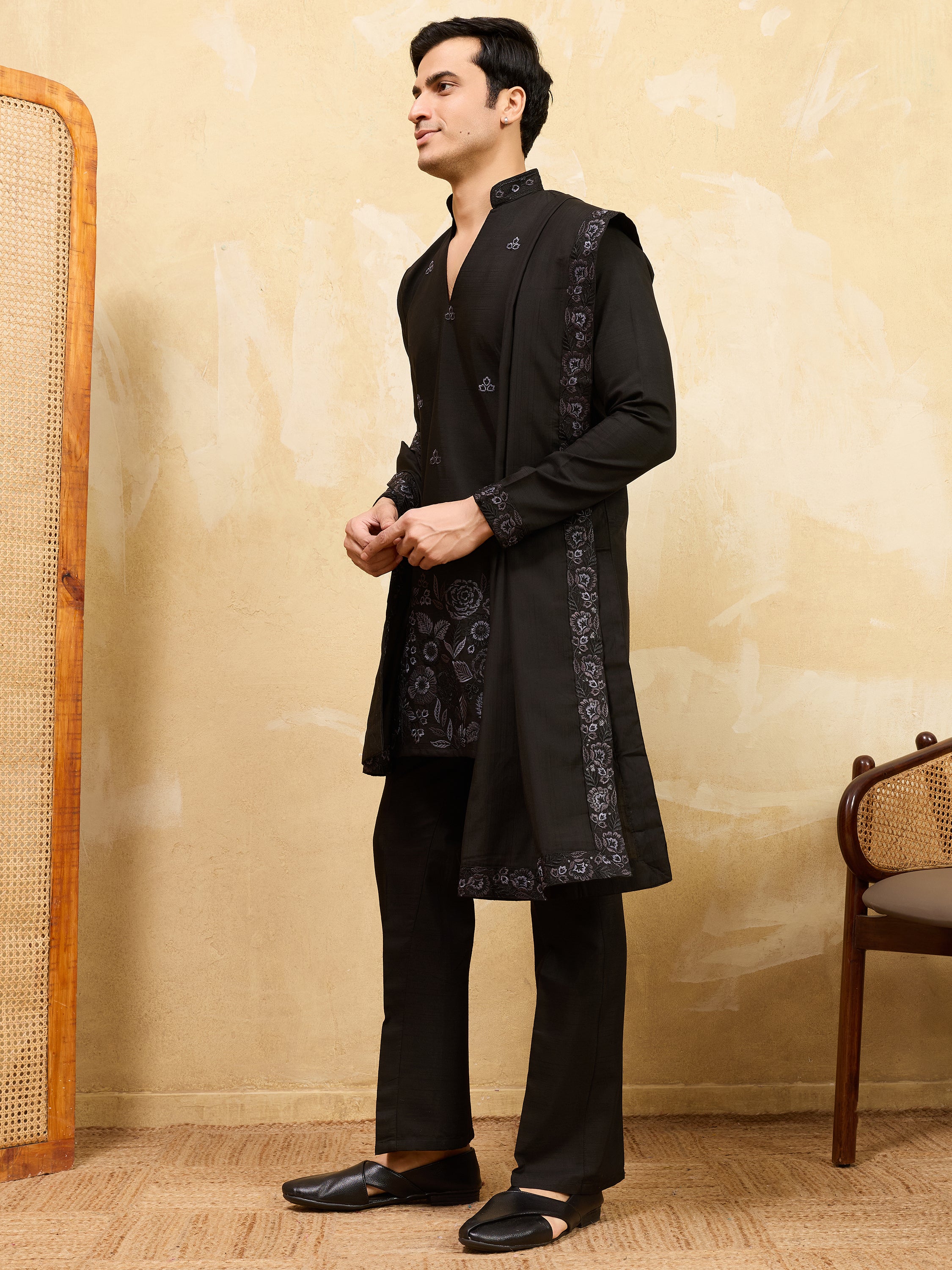 Awesome Black Sequins Viscose Silk Reception Wear Men's Kurta With Dupatta