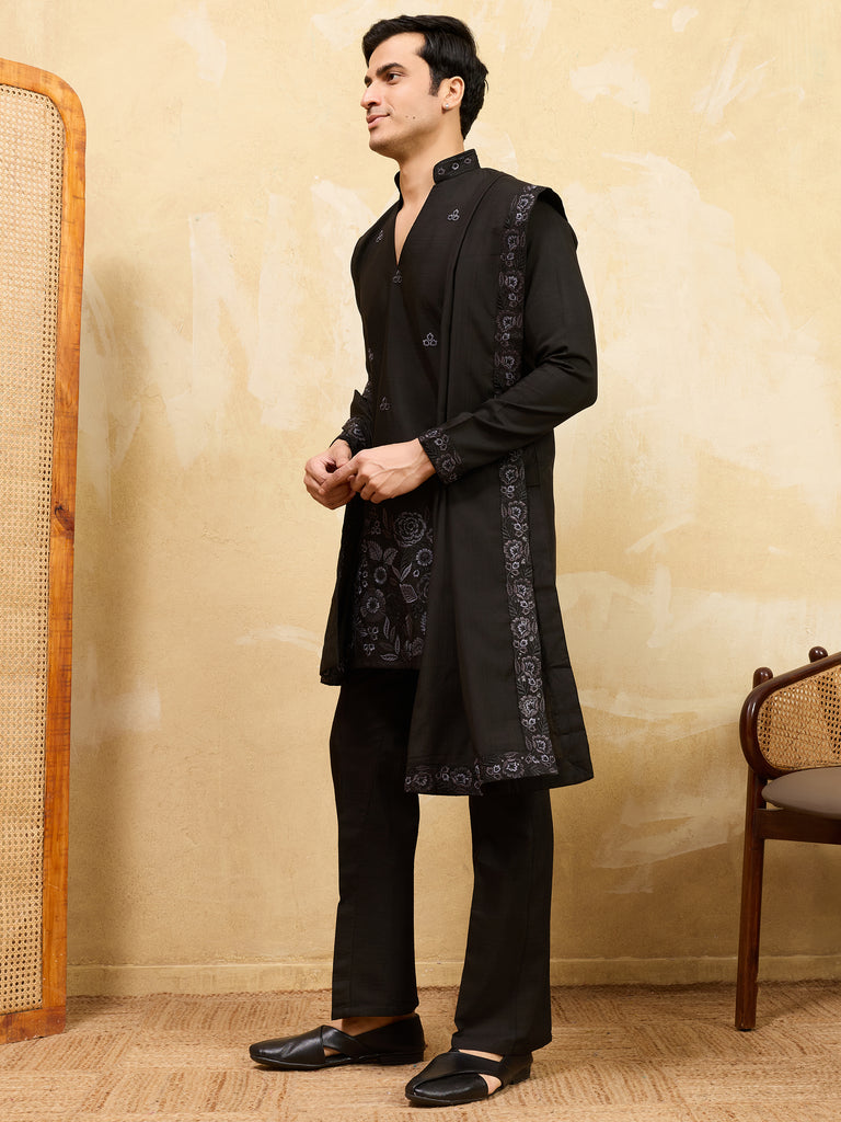 Awesome Black Sequins Viscose Silk Reception Wear Men's Kurta With Dupatta