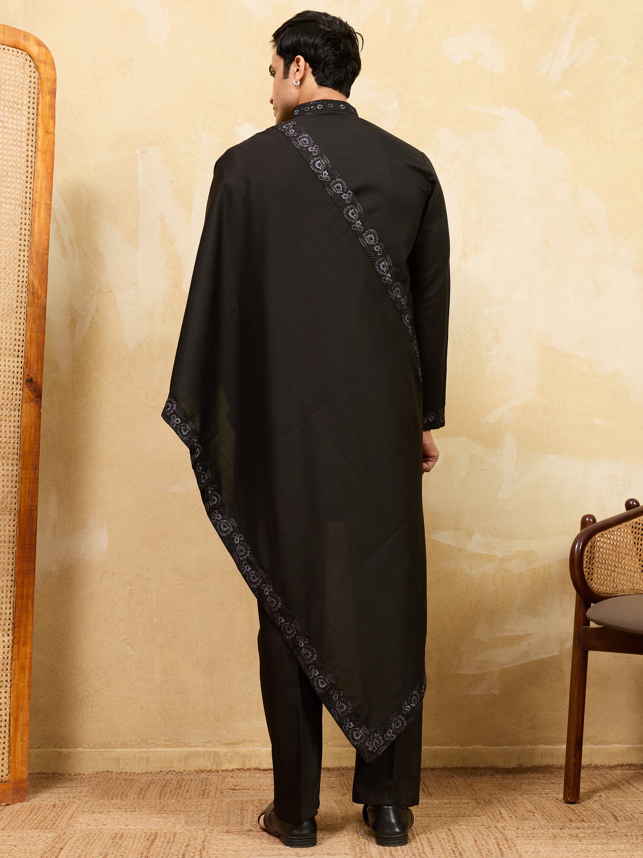 Awesome Black Sequins Viscose Silk Reception Wear Men's Kurta With Dupatta