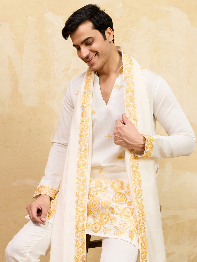 Superb White Thread Work Viscose Silk Traditional Men's Kurta With Dupatta