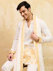 Superb White Thread Work Viscose Silk Traditional Men's Kurta With Dupatta