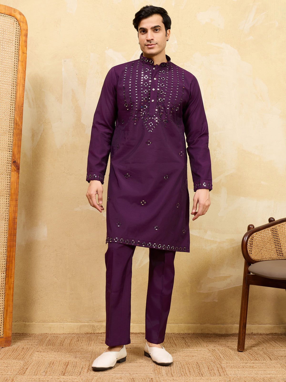 Fabulous Wine Mirror Work Viscose Silk Wedding Wear Men's Kurta