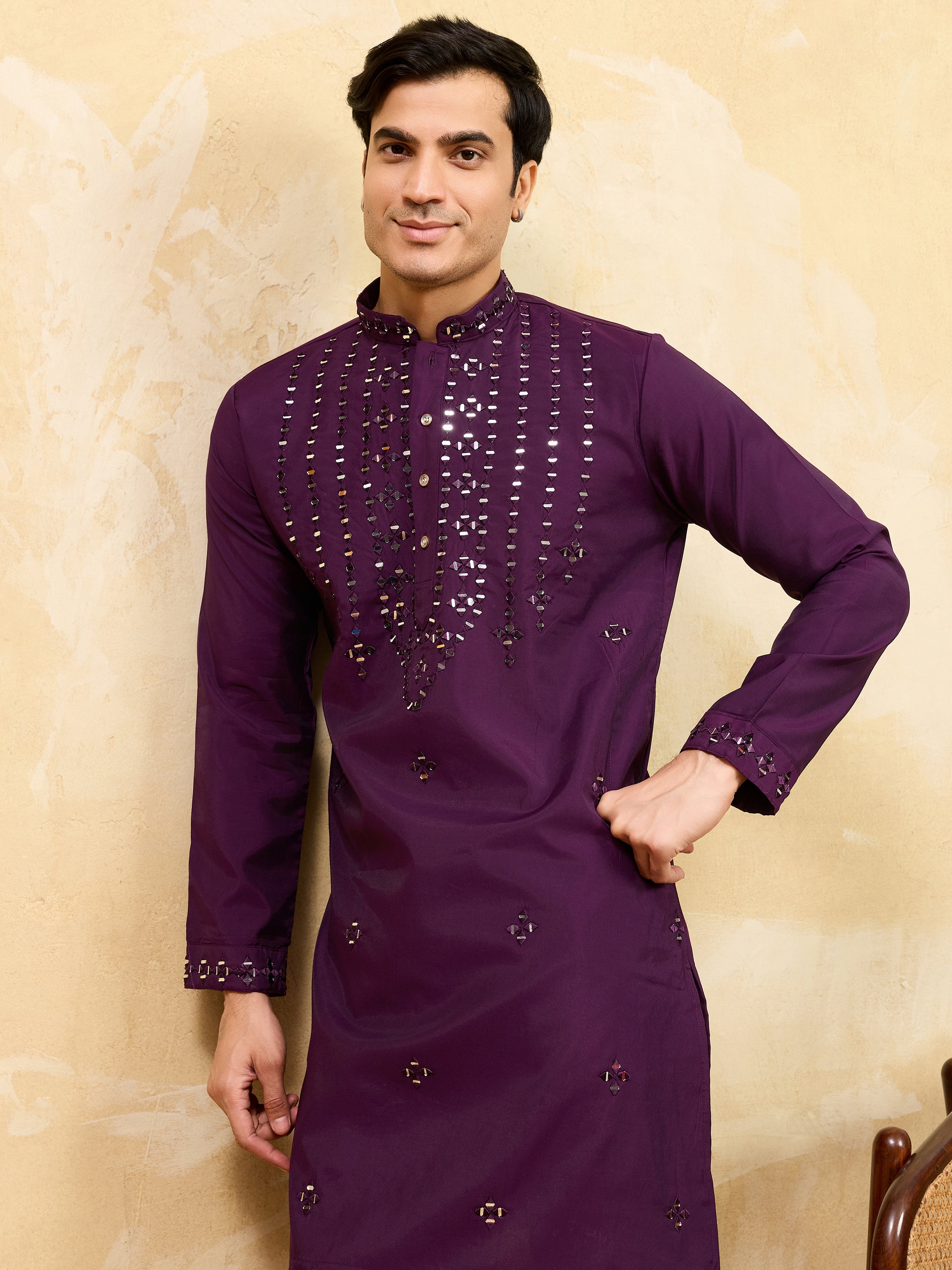 Fabulous Wine Mirror Work Viscose Silk Wedding Wear Men's Kurta