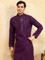 Fabulous Wine Mirror Work Viscose Silk Wedding Wear Men's Kurta
