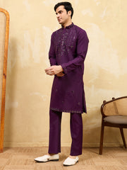 Fabulous Wine Mirror Work Viscose Silk Wedding Wear Men's Kurta