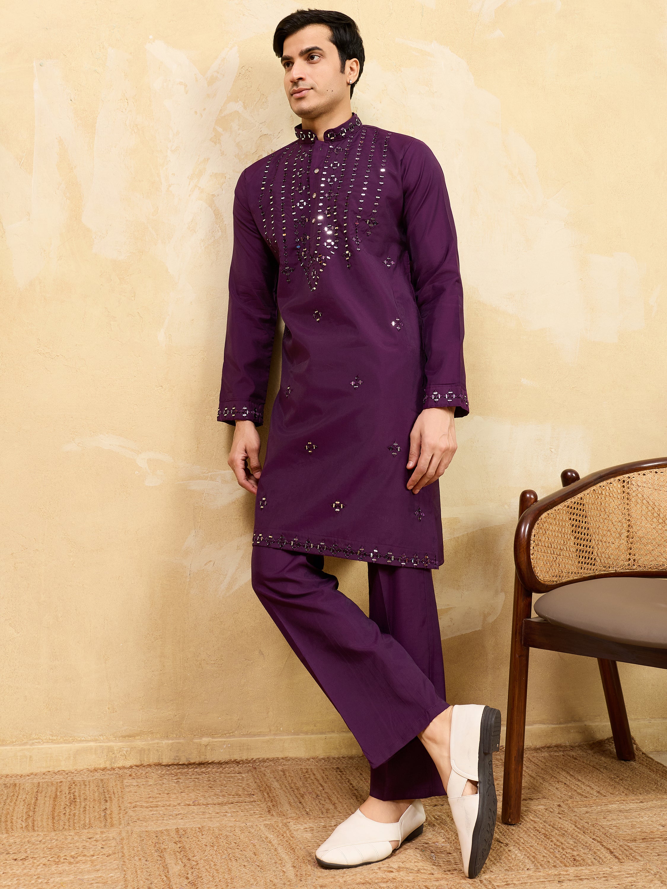 Fabulous Wine Mirror Work Viscose Silk Wedding Wear Men's Kurta
