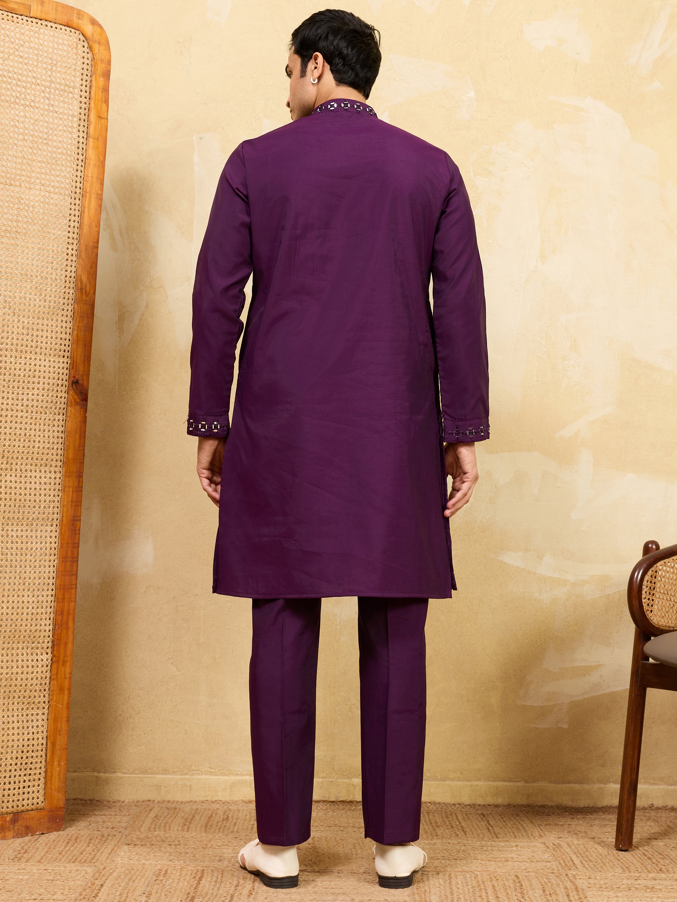 Fabulous Wine Mirror Work Viscose Silk Wedding Wear Men's Kurta