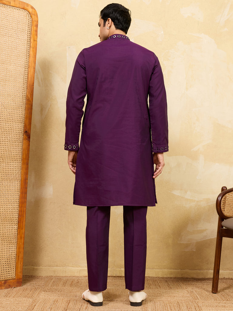 Fabulous Wine Mirror Work Viscose Silk Wedding Wear Men's Kurta