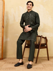 Wonderful Green Thread Embroidered Silk Reception Wear Men's Kurta