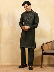 Wonderful Green Thread Embroidered Silk Reception Wear Men's Kurta