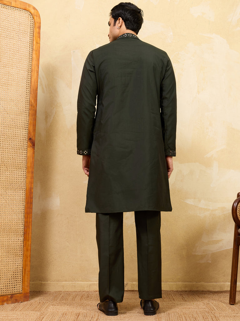 Wonderful Green Thread Embroidered Silk Reception Wear Men's Kurta