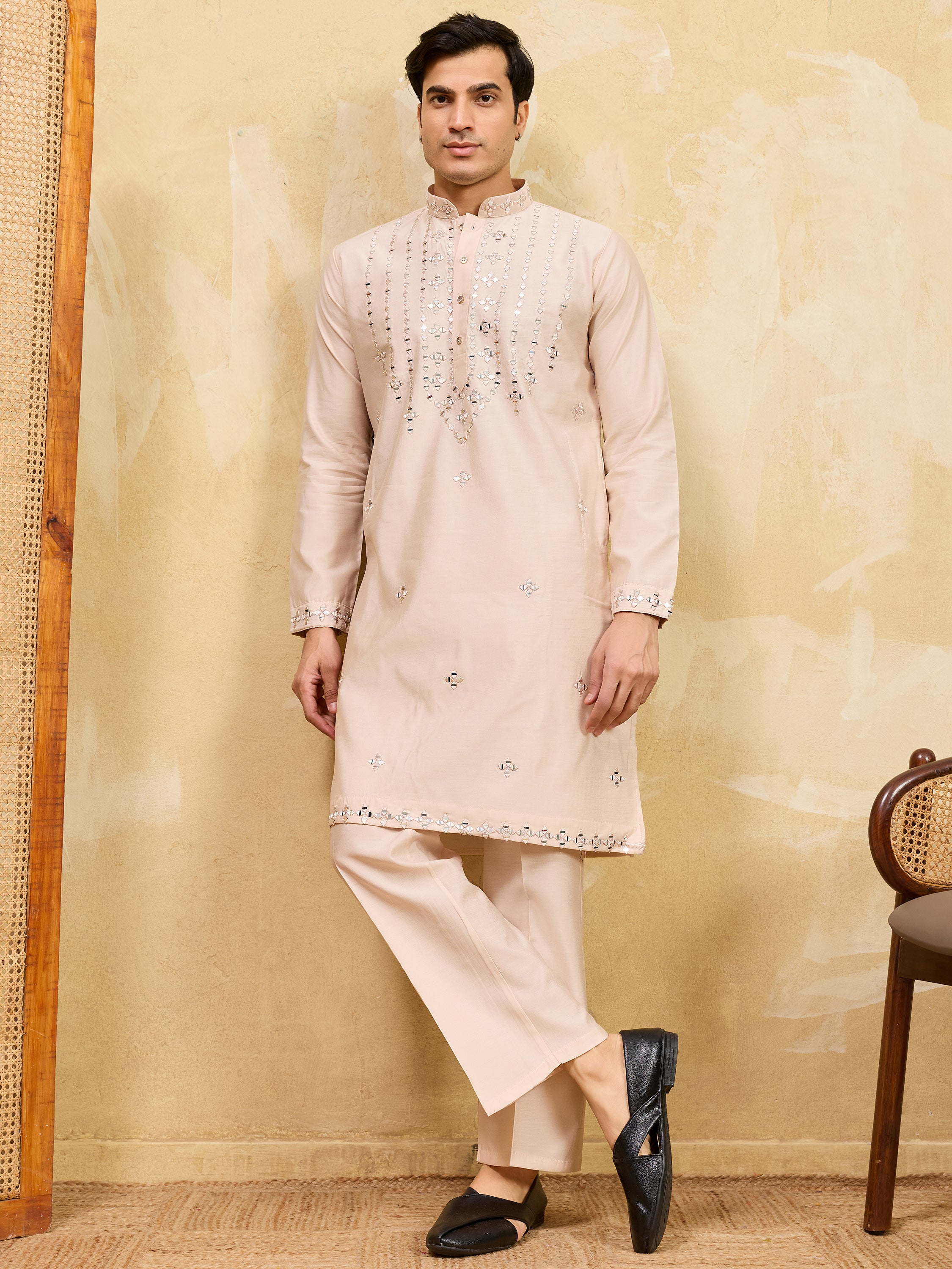 Beautiful Beige Mirror Work Viscose Silk Festival Wear Men's Kurta