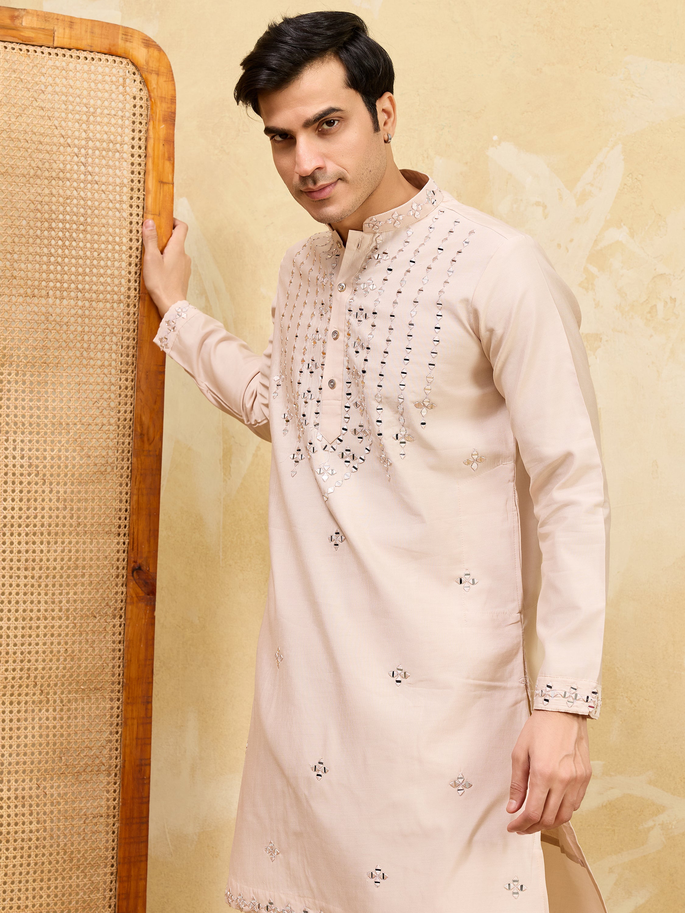 Beautiful Beige Mirror Work Viscose Silk Festival Wear Men's Kurta