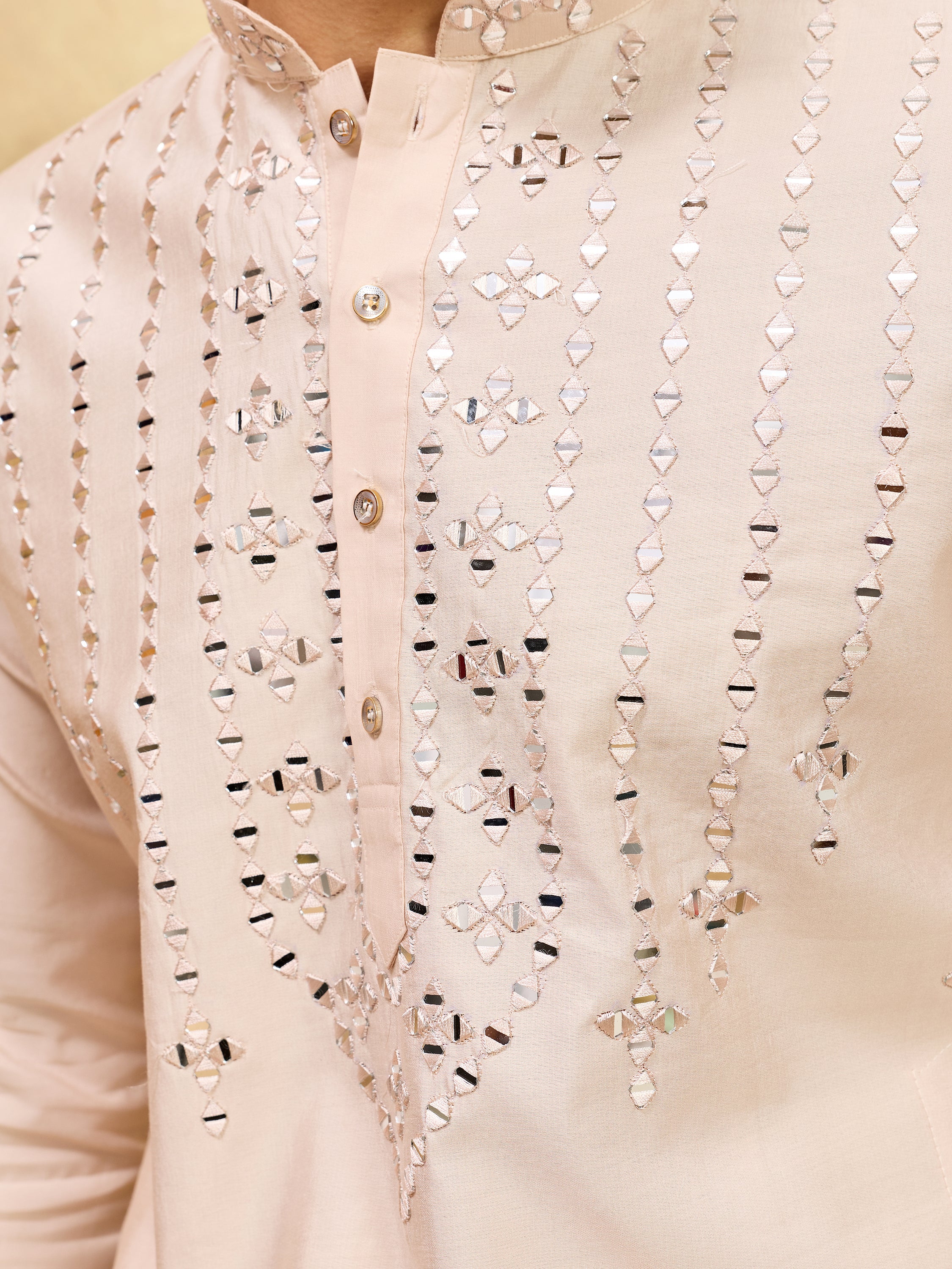 Beautiful Beige Mirror Work Viscose Silk Festival Wear Men's Kurta