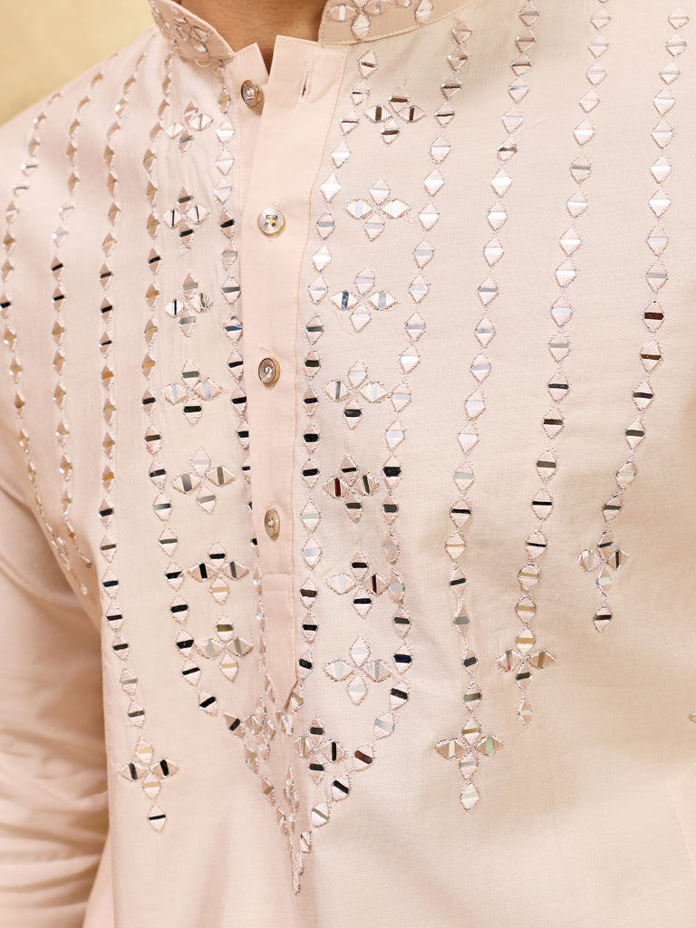 Beautiful Beige Mirror Work Viscose Silk Festival Wear Men's Kurta