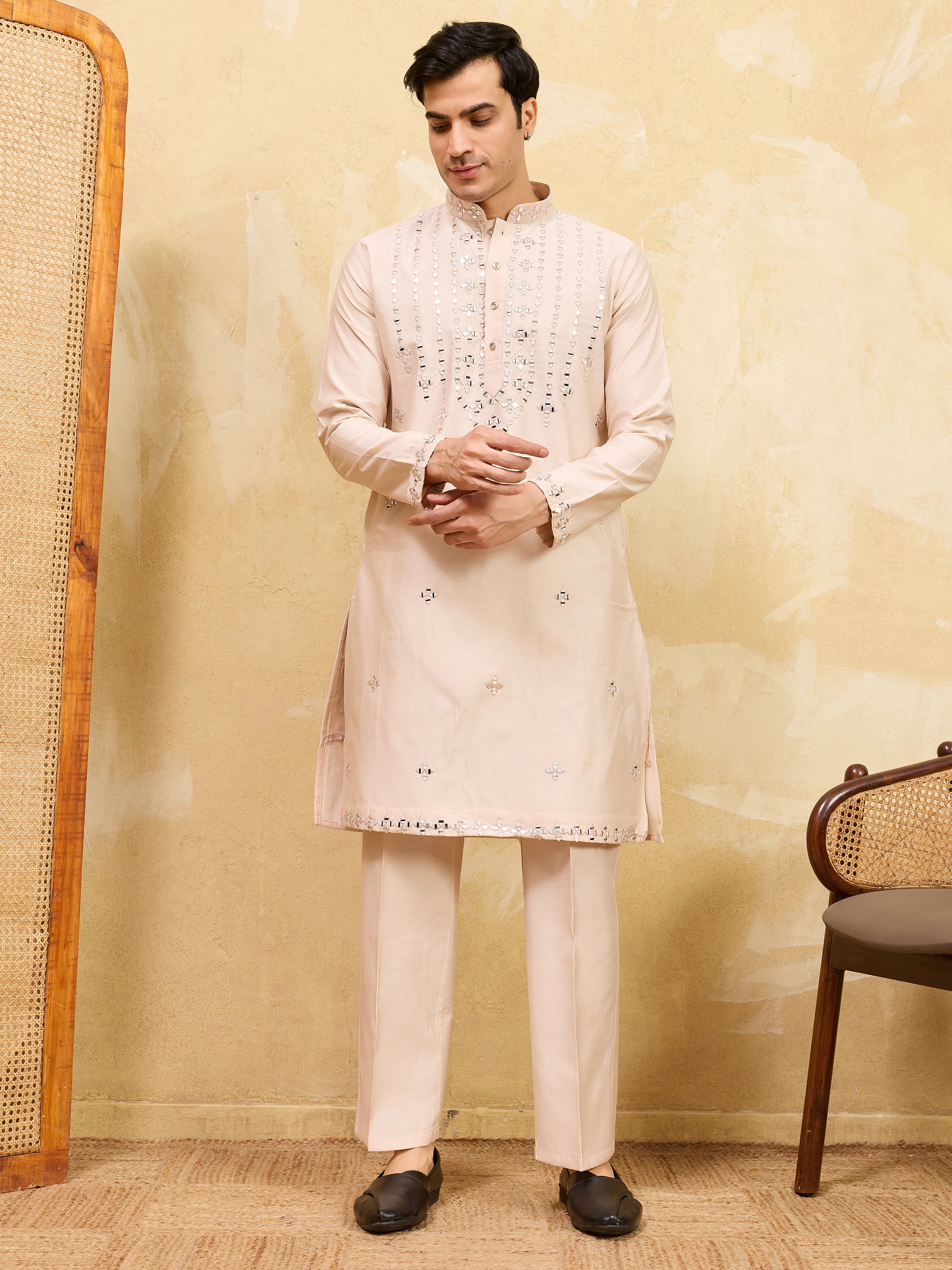 Beautiful Beige Mirror Work Viscose Silk Festival Wear Men's Kurta