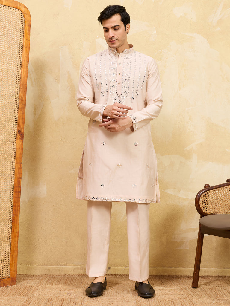 Beautiful Beige Mirror Work Viscose Silk Festival Wear Men's Kurta