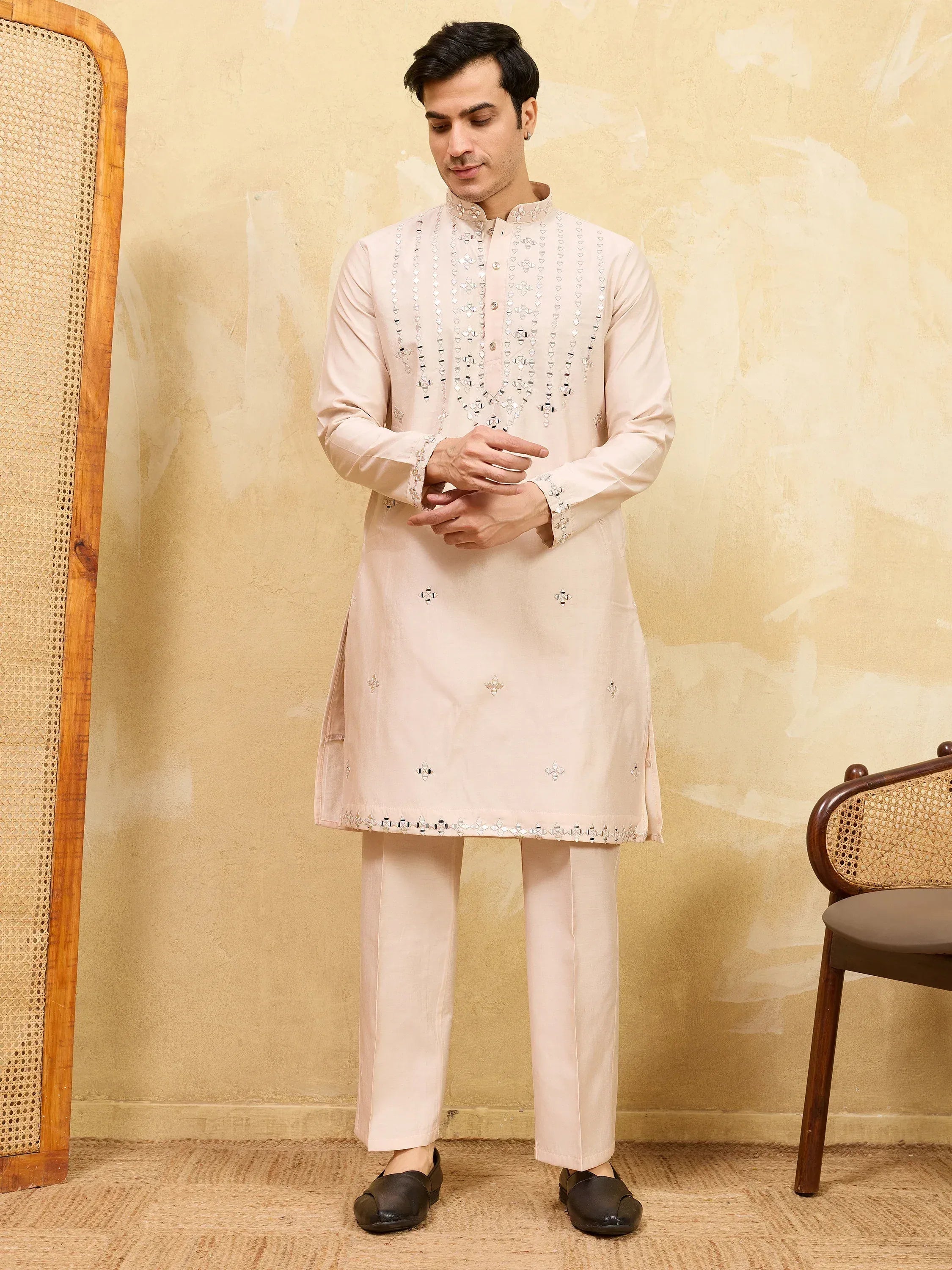 Beautiful Beige Mirror Work Viscose Silk Festival Wear Men's Kurta