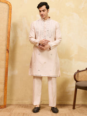 Beautiful Beige Mirror Work Viscose Silk Festival Wear Men's Kurta