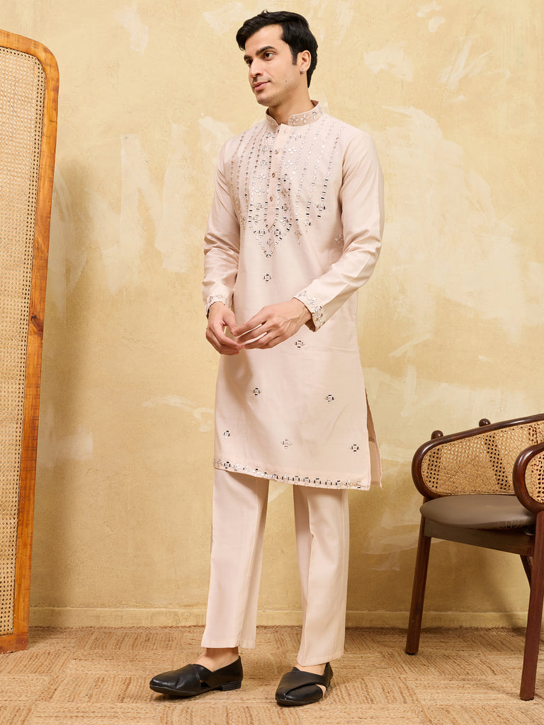 Beautiful Beige Mirror Work Viscose Silk Festival Wear Men's Kurta