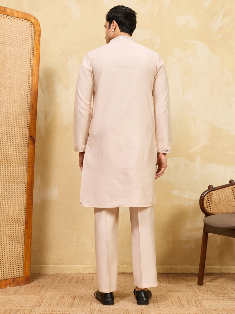 Beautiful Beige Mirror Work Viscose Silk Festival Wear Men's Kurta
