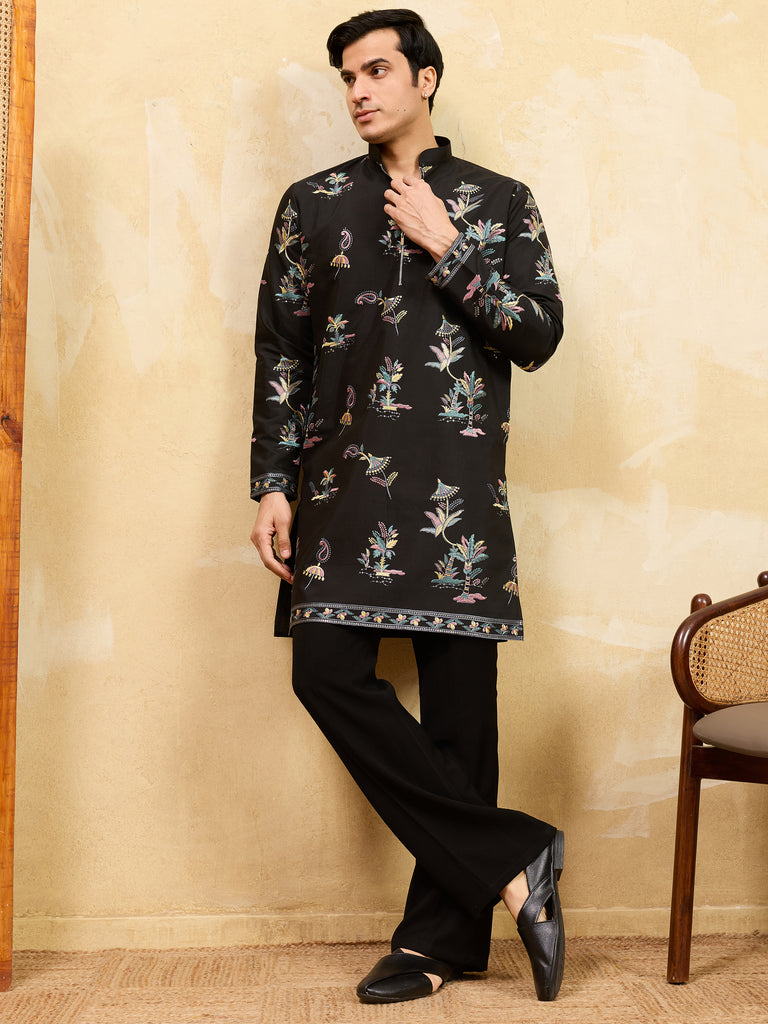 Magnetic Black Thread Work Viscose Silk Traditional Men's Kurta