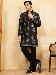 Magnetic Black Thread Work Viscose Silk Traditional Men's Kurta