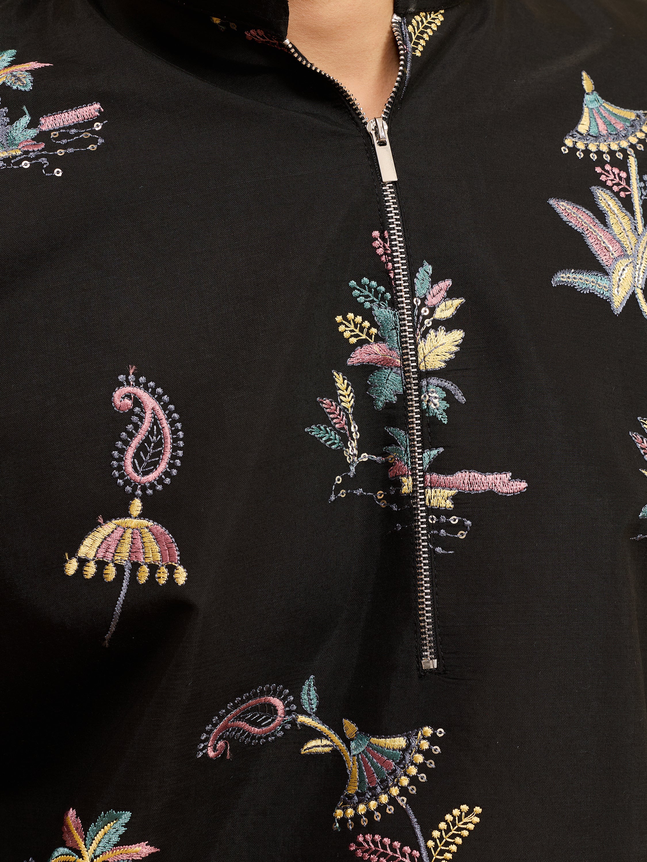 Magnetic Black Thread Work Viscose Silk Traditional Men's Kurta