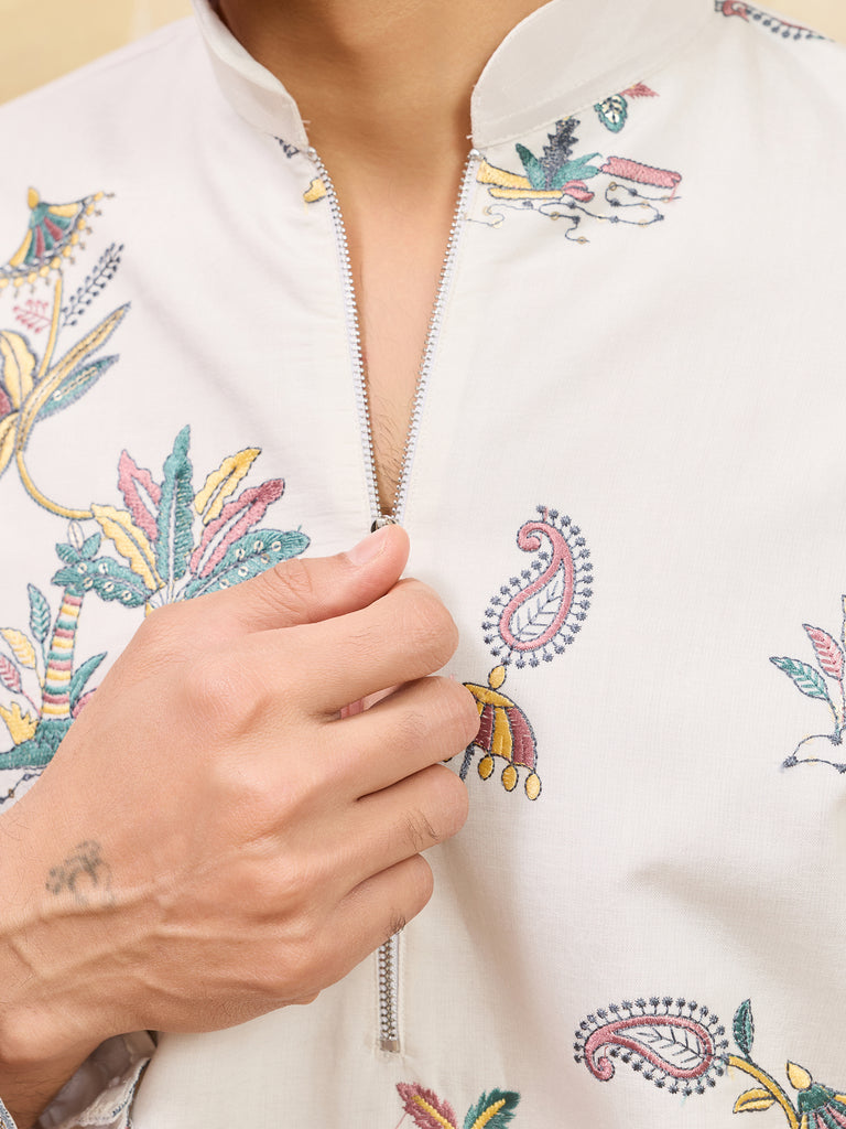 Bewitching White Thread Work Viscose Silk Festival Wear Men's Kurta