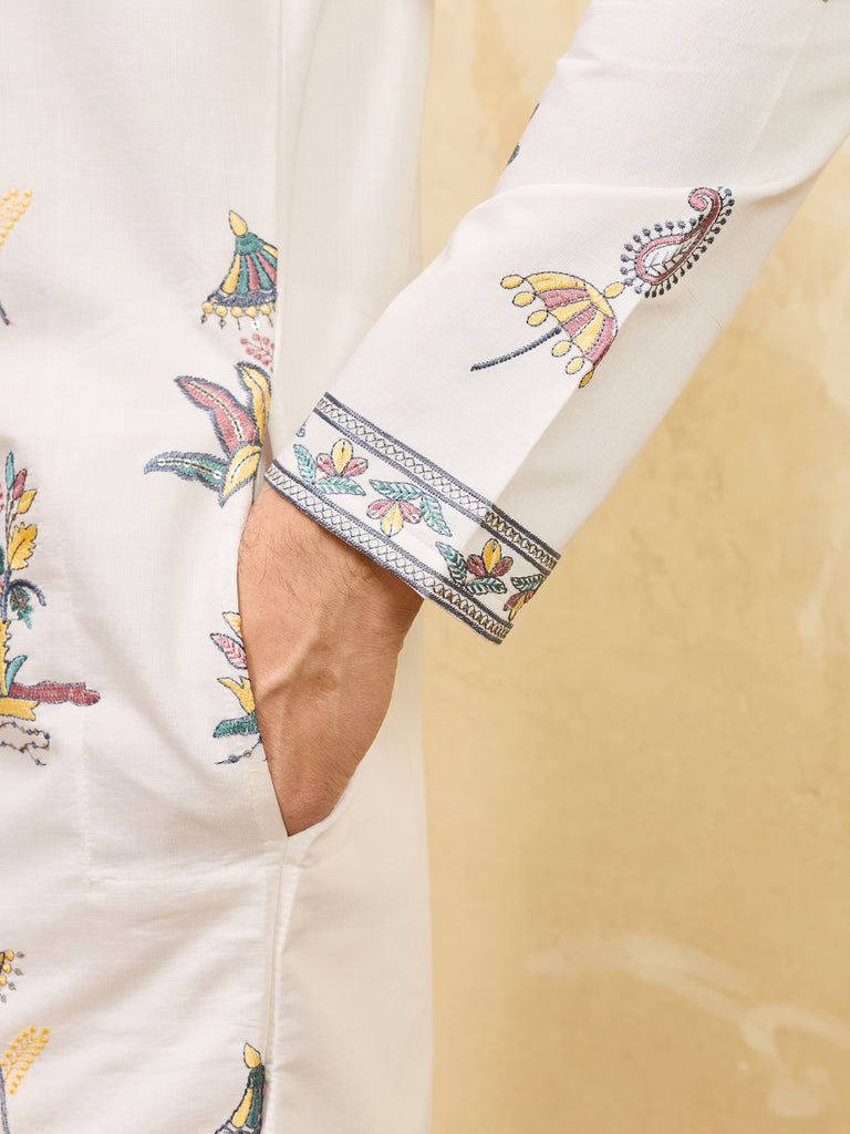 Bewitching White Thread Work Viscose Silk Festival Wear Men's Kurta