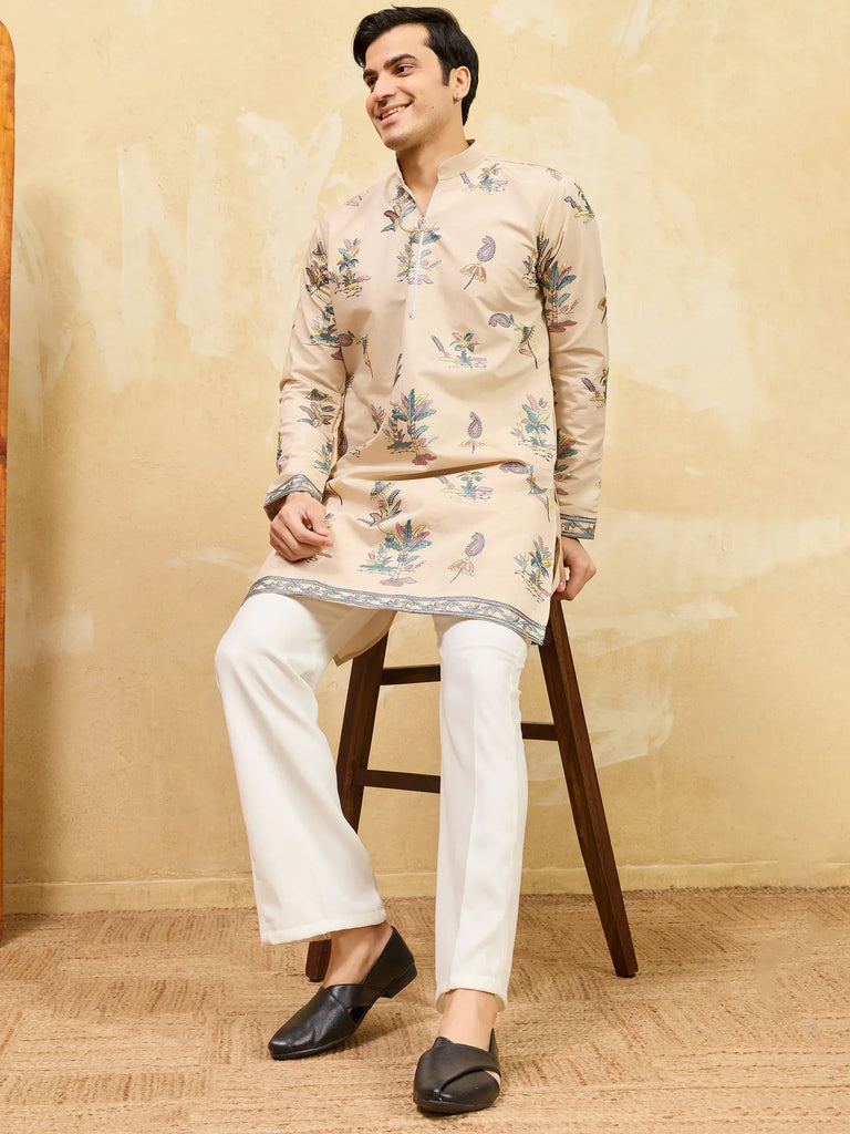 Elegant Beige Thread Embroidered Viscose Silk Eid Special Men's Kurta