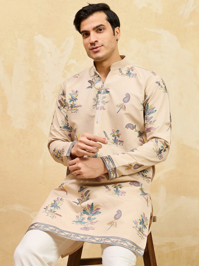 Elegant Beige Thread Embroidered Viscose Silk Eid Special Men's Kurta