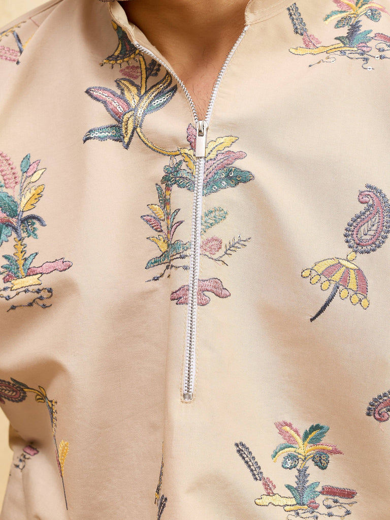 Elegant Beige Thread Embroidered Viscose Silk Eid Special Men's Kurta