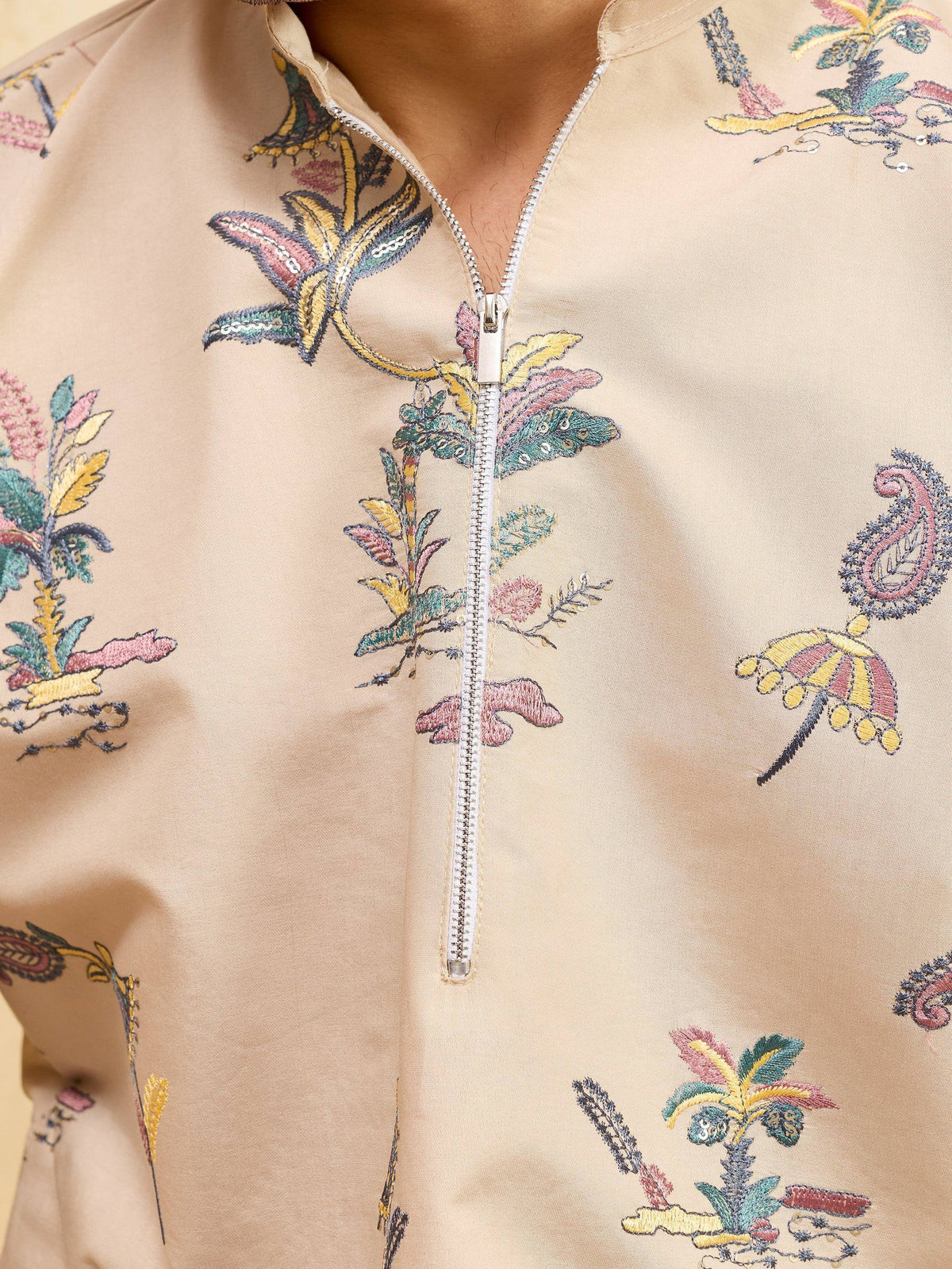 Elegant Beige Thread Embroidered Viscose Silk Eid Special Men's Kurta
