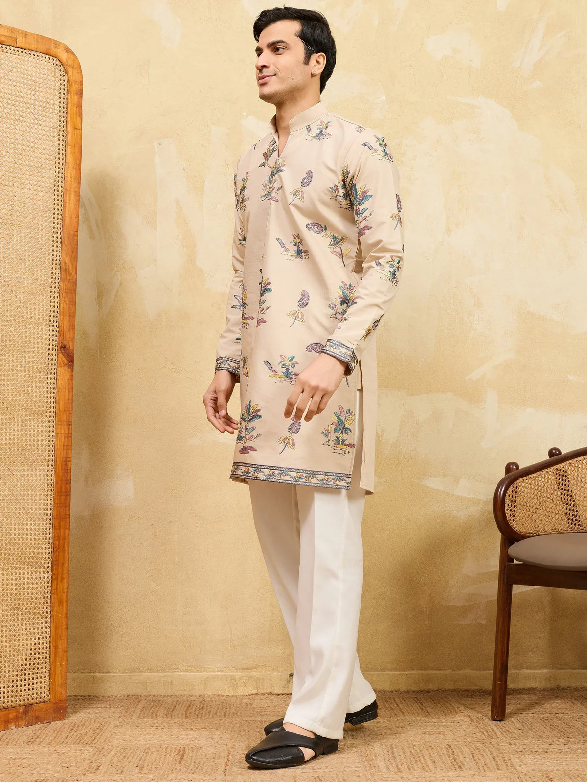 Elegant Beige Thread Embroidered Viscose Silk Eid Special Men's Kurta
