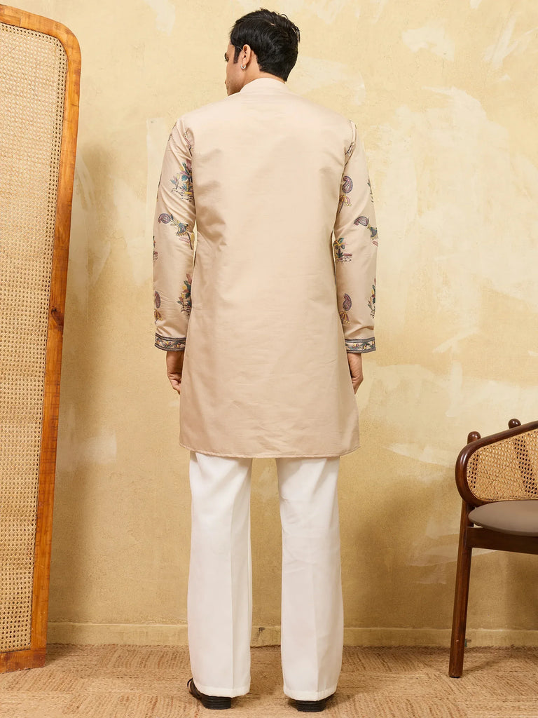 Elegant Beige Thread Embroidered Viscose Silk Eid Special Men's Kurta