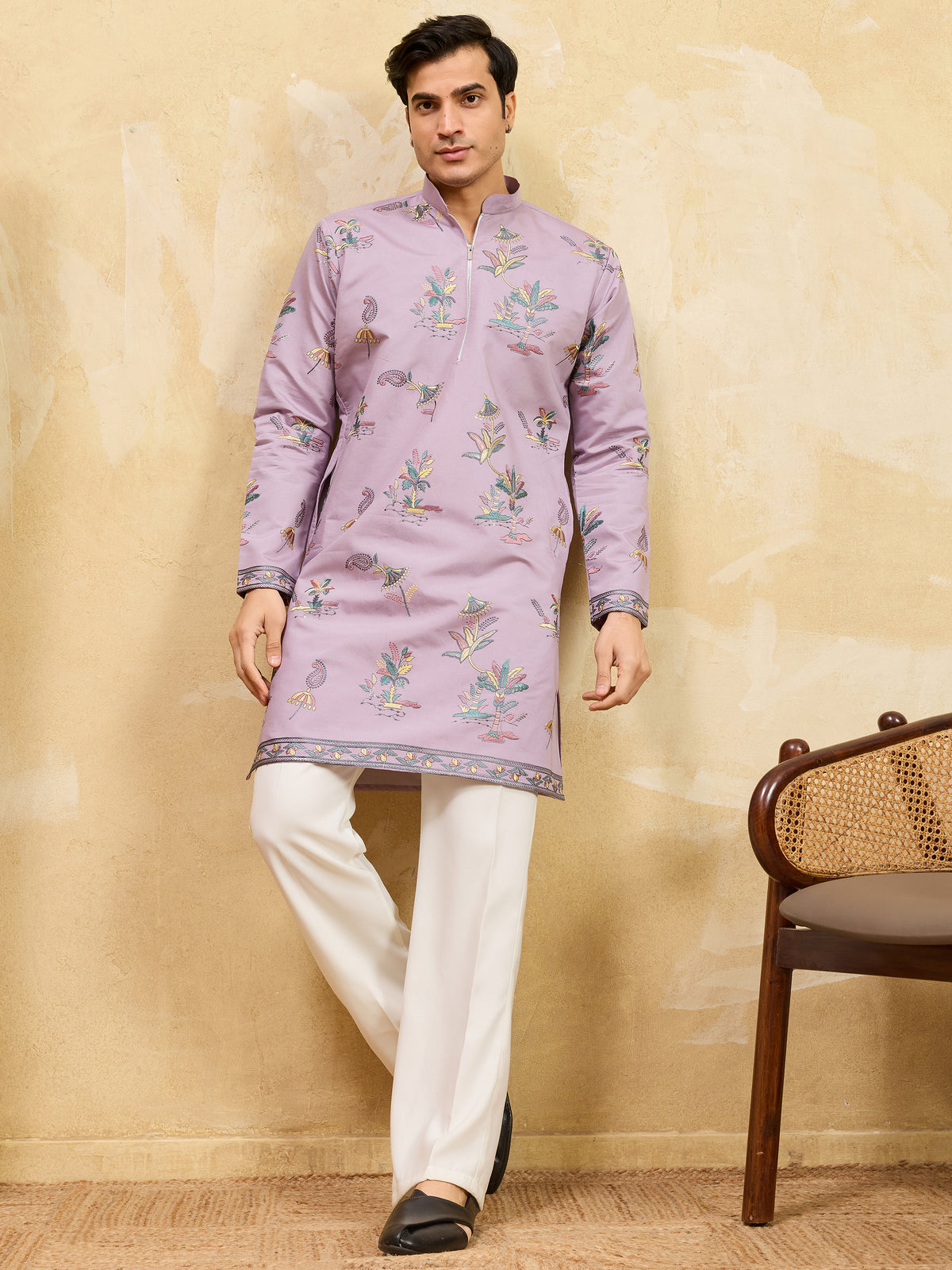 Beautiful Dusty Purple Embroidered Viscose Silk Wedding Men's Kurta
