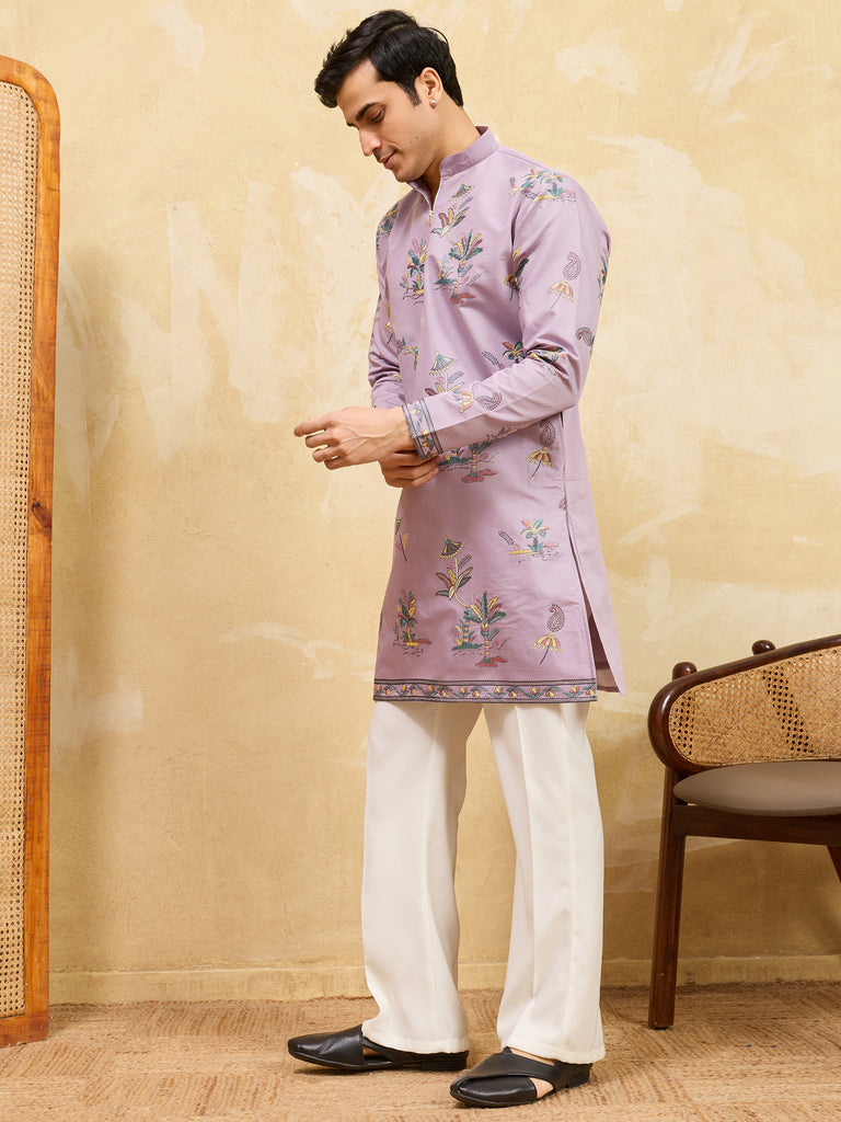 Beautiful Dusty Purple Embroidered Viscose Silk Wedding Men's Kurta