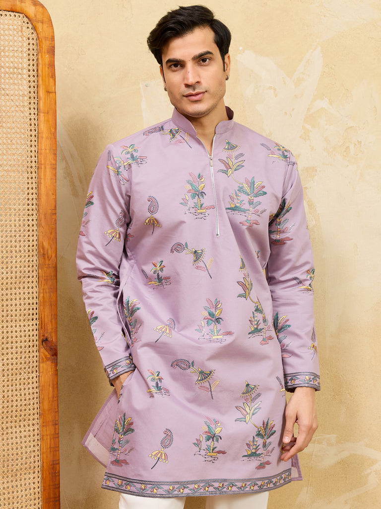 Beautiful Dusty Purple Embroidered Viscose Silk Wedding Men's Kurta