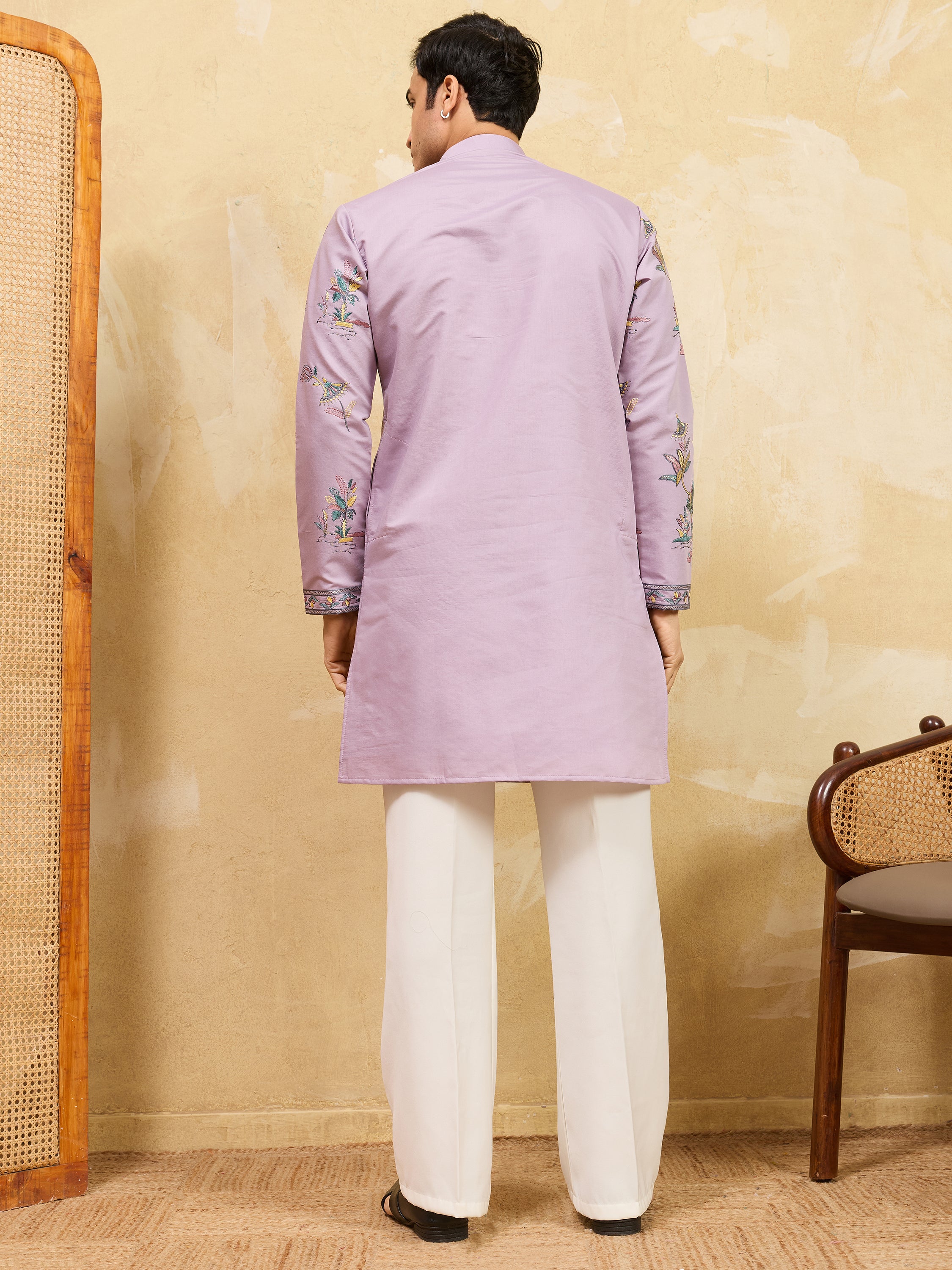 Beautiful Dusty Purple Embroidered Viscose Silk Wedding Men's Kurta