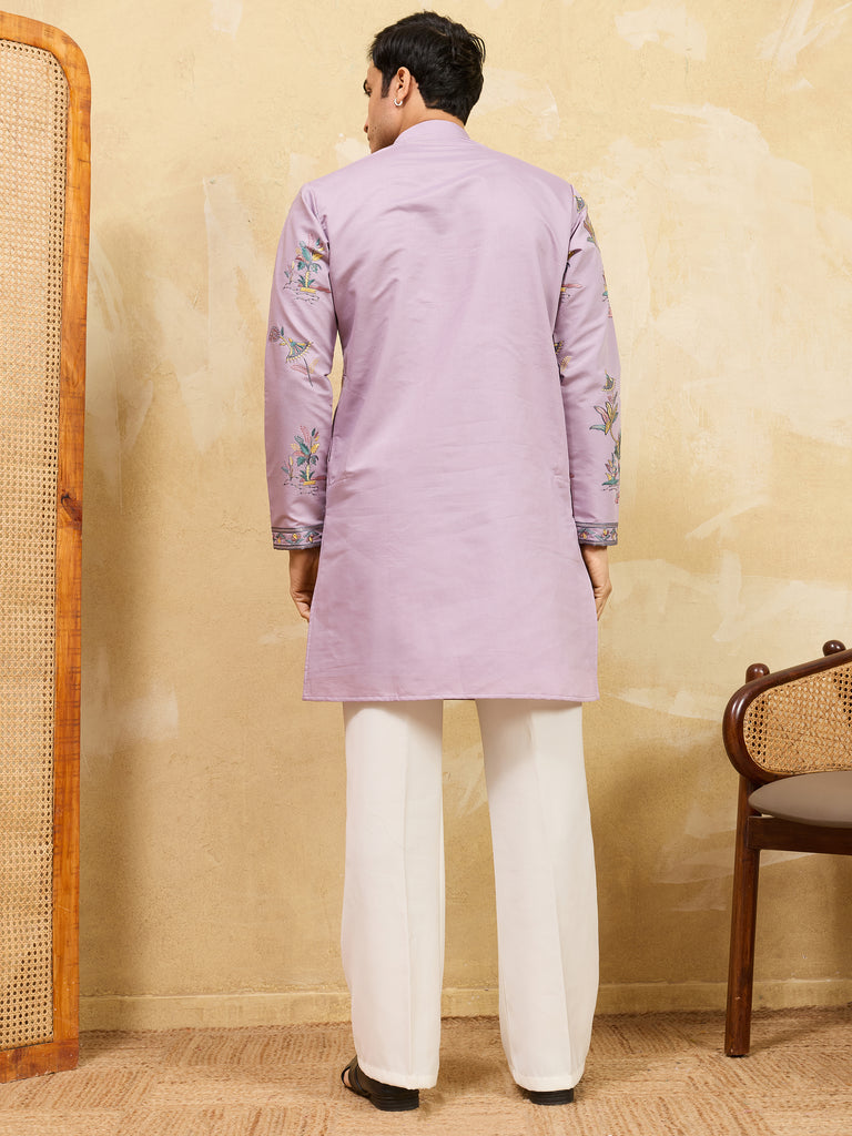 Beautiful Dusty Purple Embroidered Viscose Silk Wedding Men's Kurta