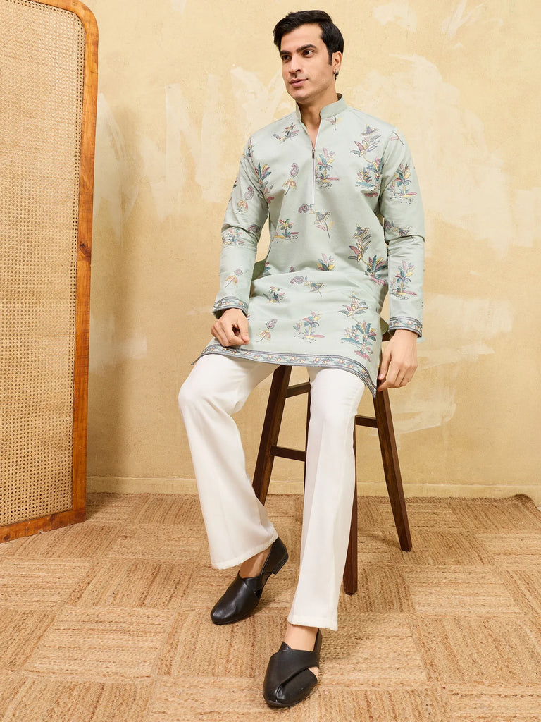 Astonishing Pista Green Thread Work Silk Engagement Wear Men's Kurta