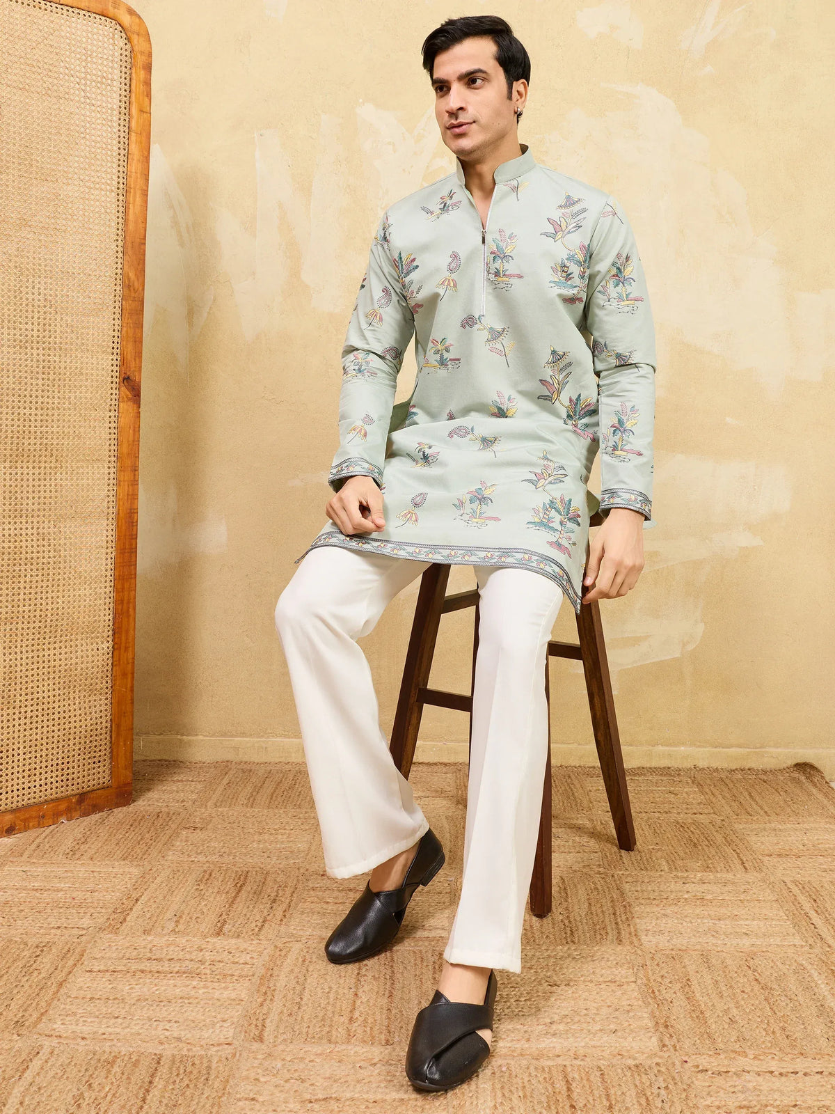Astonishing Pista Green Thread Work Silk Engagement Wear Men's Kurta