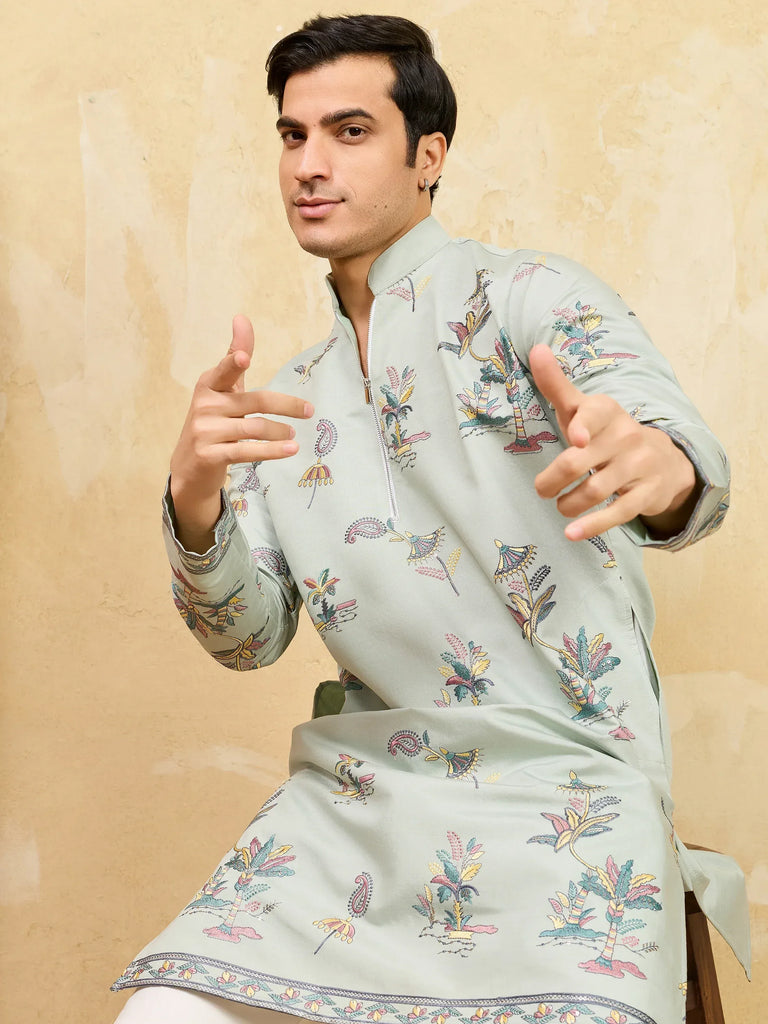 Astonishing Pista Green Thread Work Silk Engagement Wear Men's Kurta