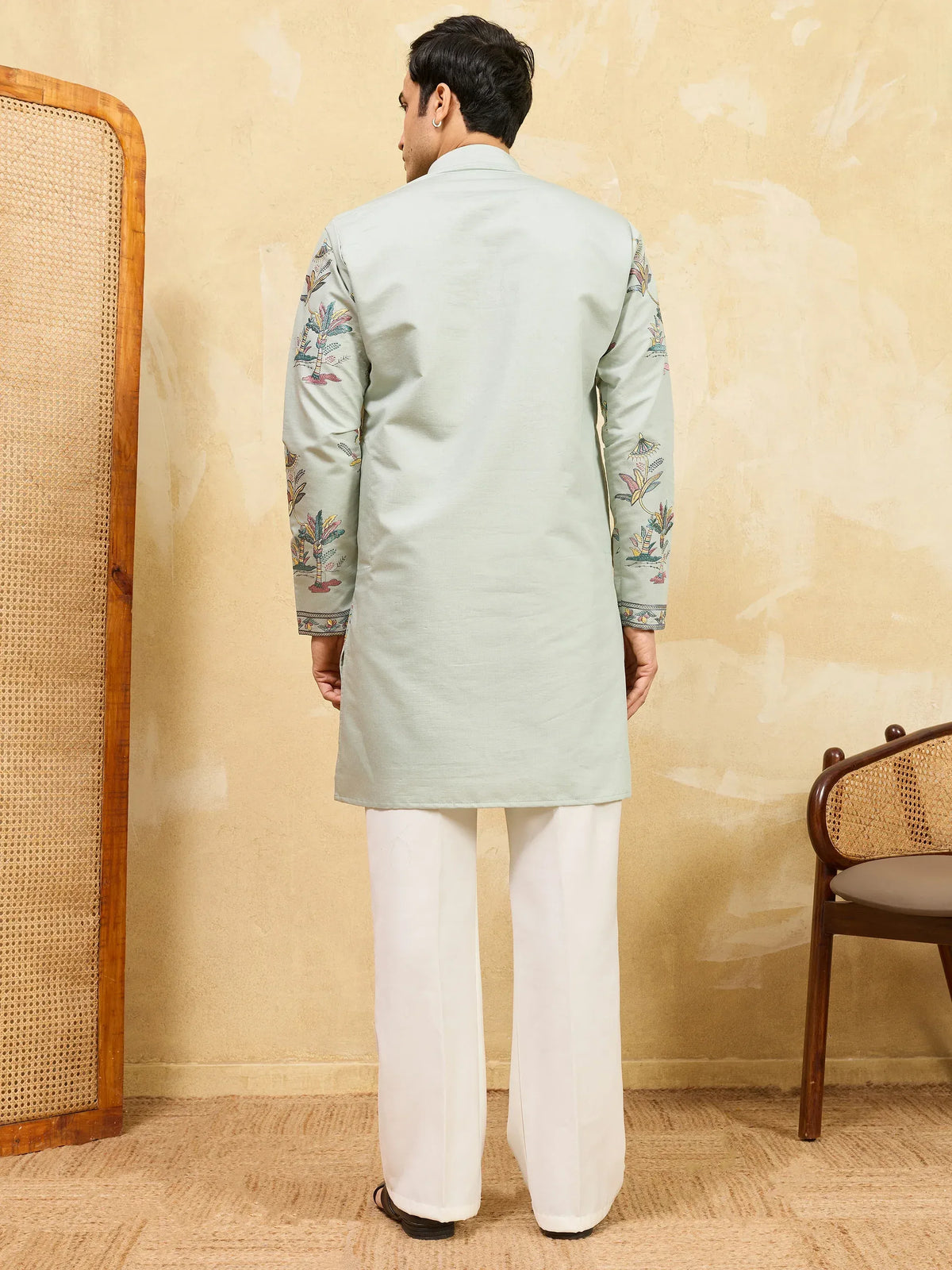 Astonishing Pista Green Thread Work Silk Engagement Wear Men's Kurta