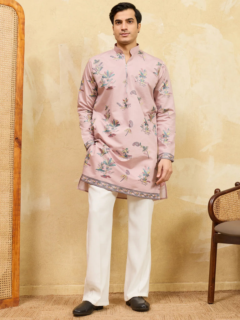Superb Pink Thread Work Viscose Silk Eid Special Men's Kurta