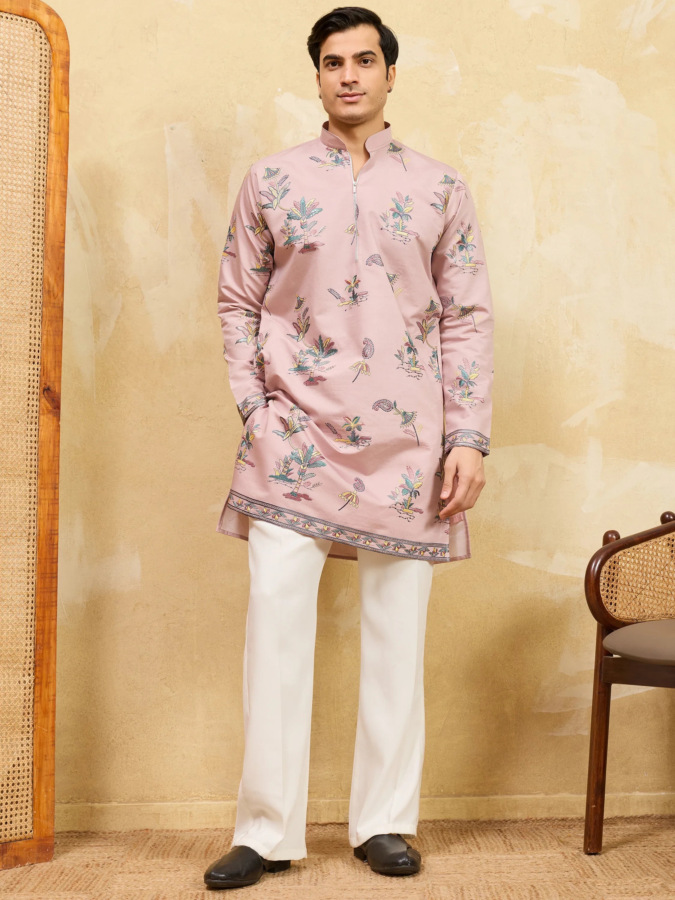 Superb Pink Thread Work Viscose Silk Eid Special Men's Kurta
