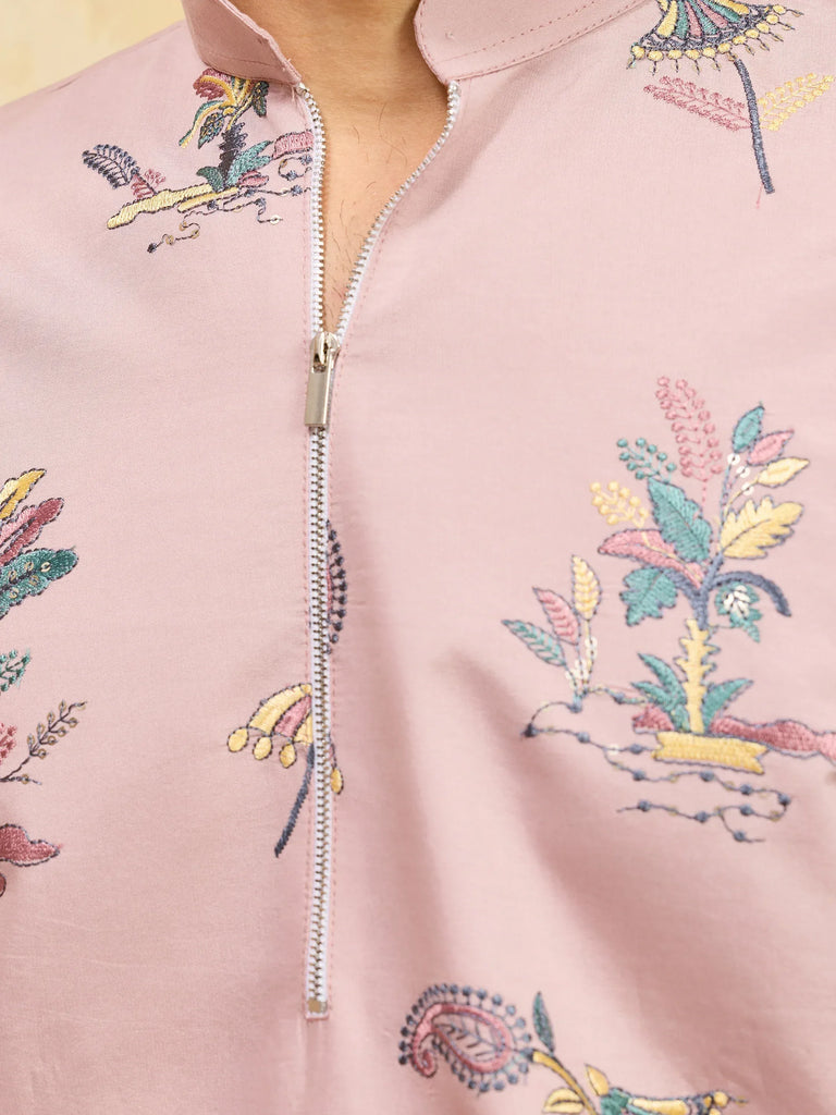 Superb Pink Thread Work Viscose Silk Eid Special Men's Kurta