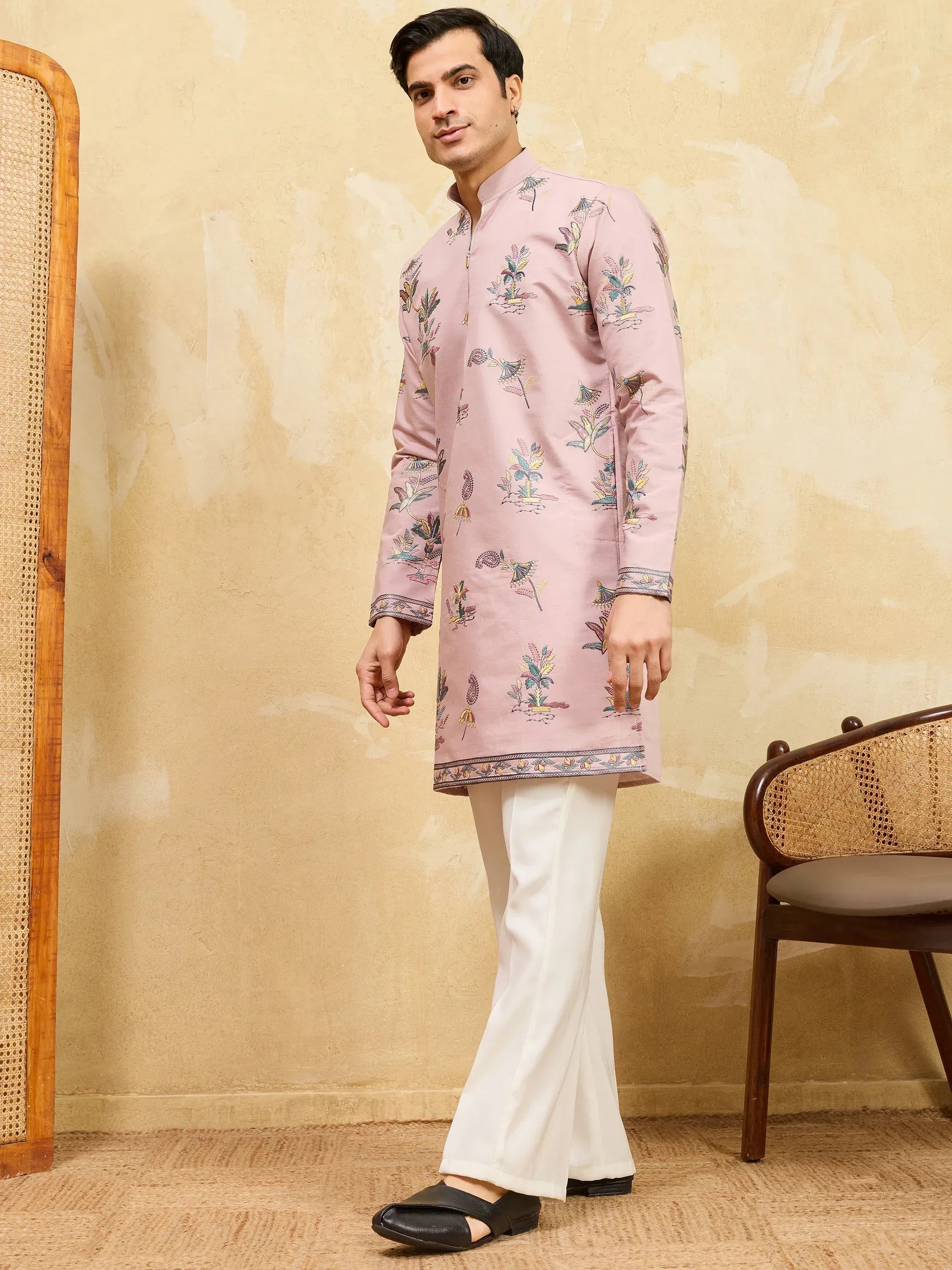 Superb Pink Thread Work Viscose Silk Eid Special Men's Kurta